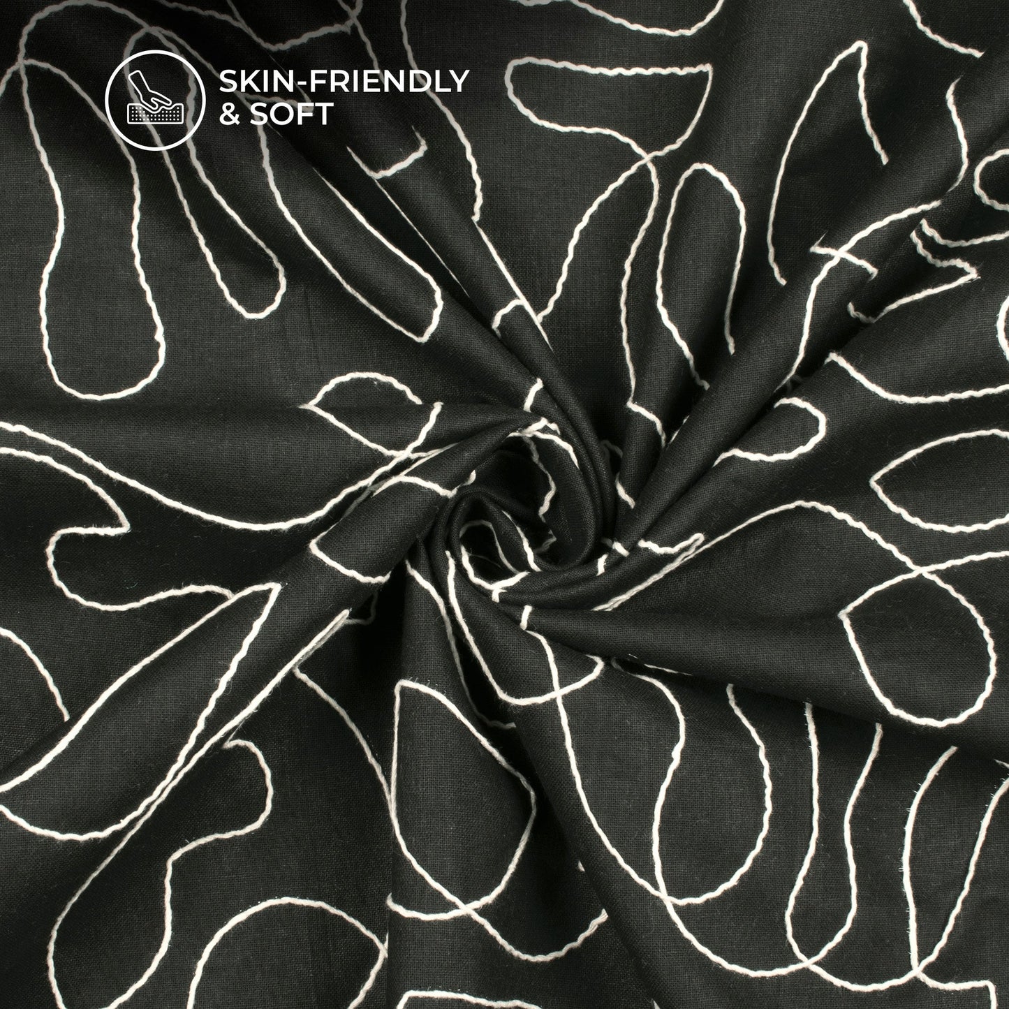 Black Embroidery Threadwork Plain Pure Cotton Fabric