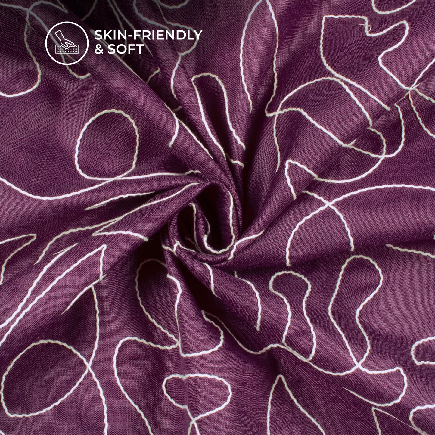 Wine Purple Embroidery Threadwork Plain Blend Cotton Slub Fabric