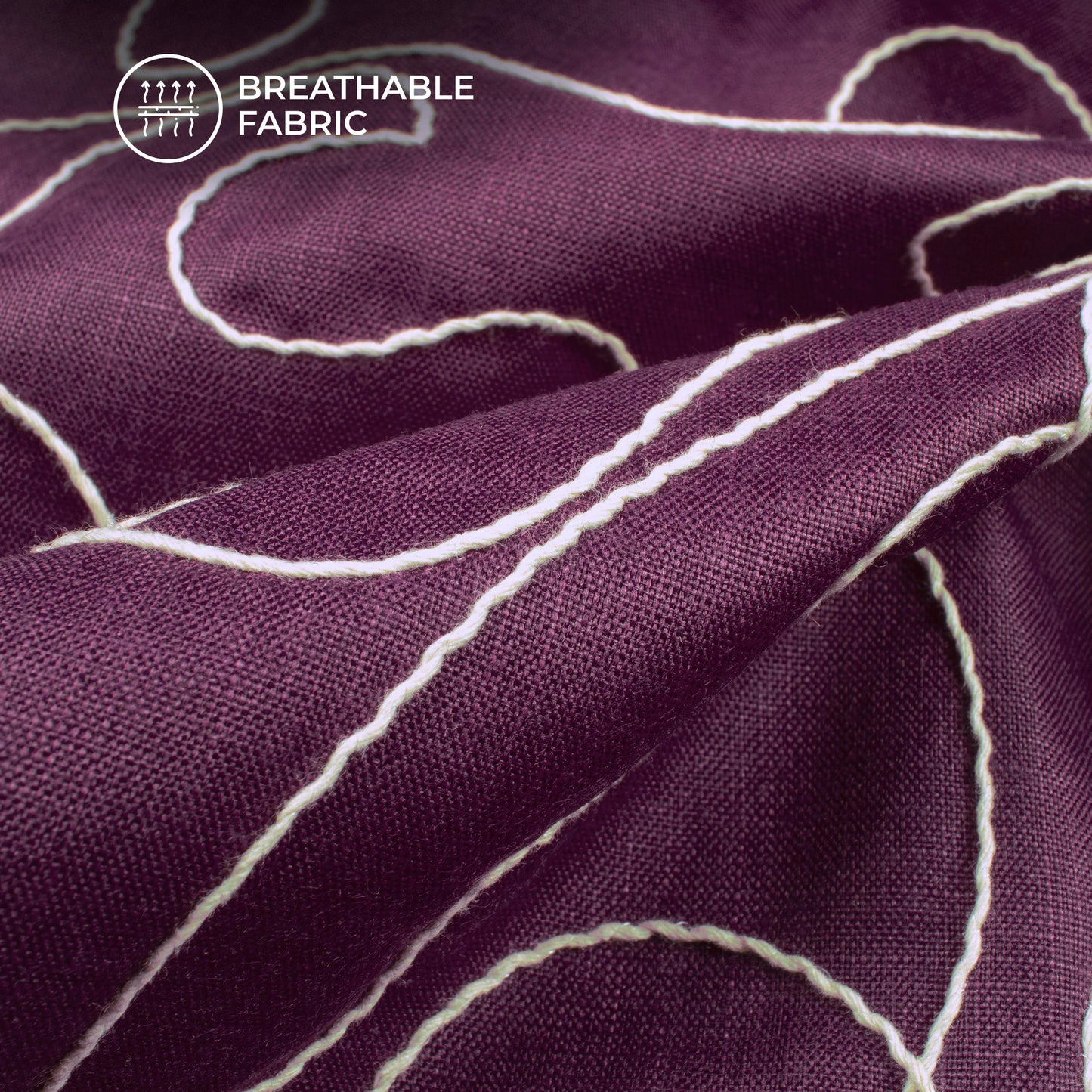 Wine Purple Embroidery Threadwork Plain Blend Cotton Slub Fabric