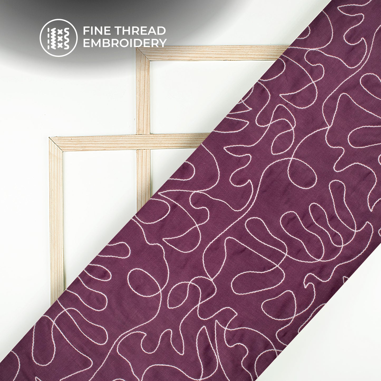 Wine Purple Embroidery Threadwork Plain Blend Cotton Slub Fabric