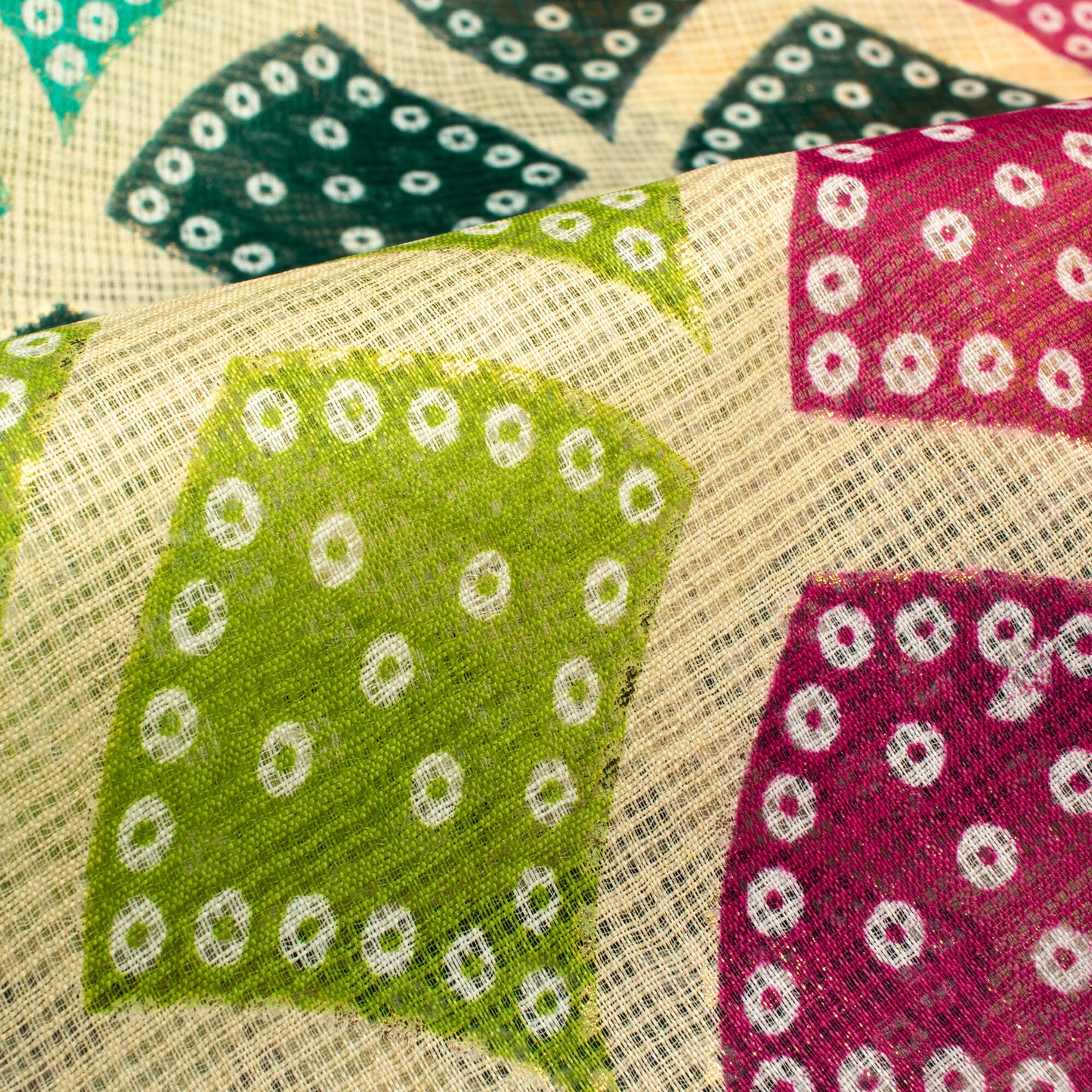 Beige And Pine Green Bandhani Pattern Foil Print Kota Doria Fabric