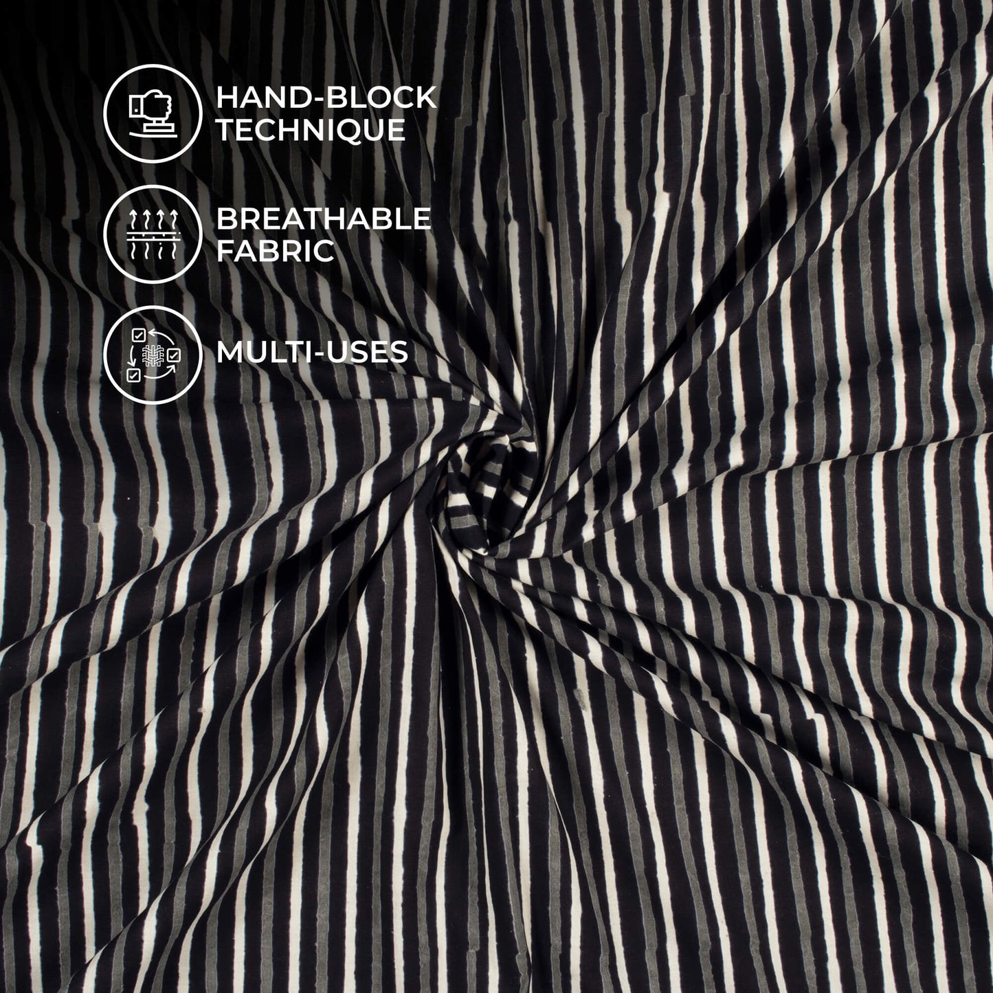 Monochrome Stripes Pattern Handblock Cotton Fabric