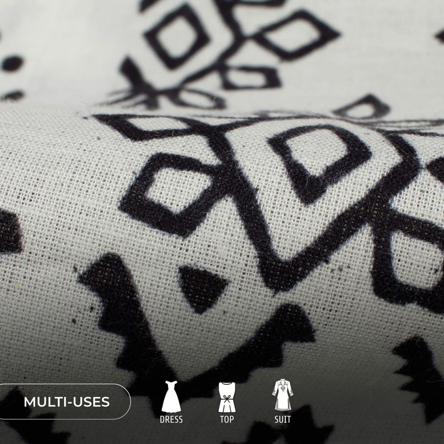 Monochrome Ethnic Handblock Cotton Fabric