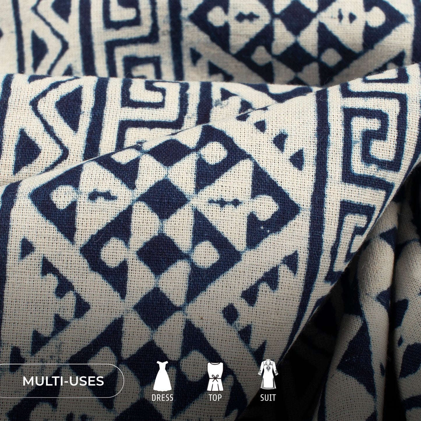 Blue Geometric Handblock Pure Cotton Fabric
