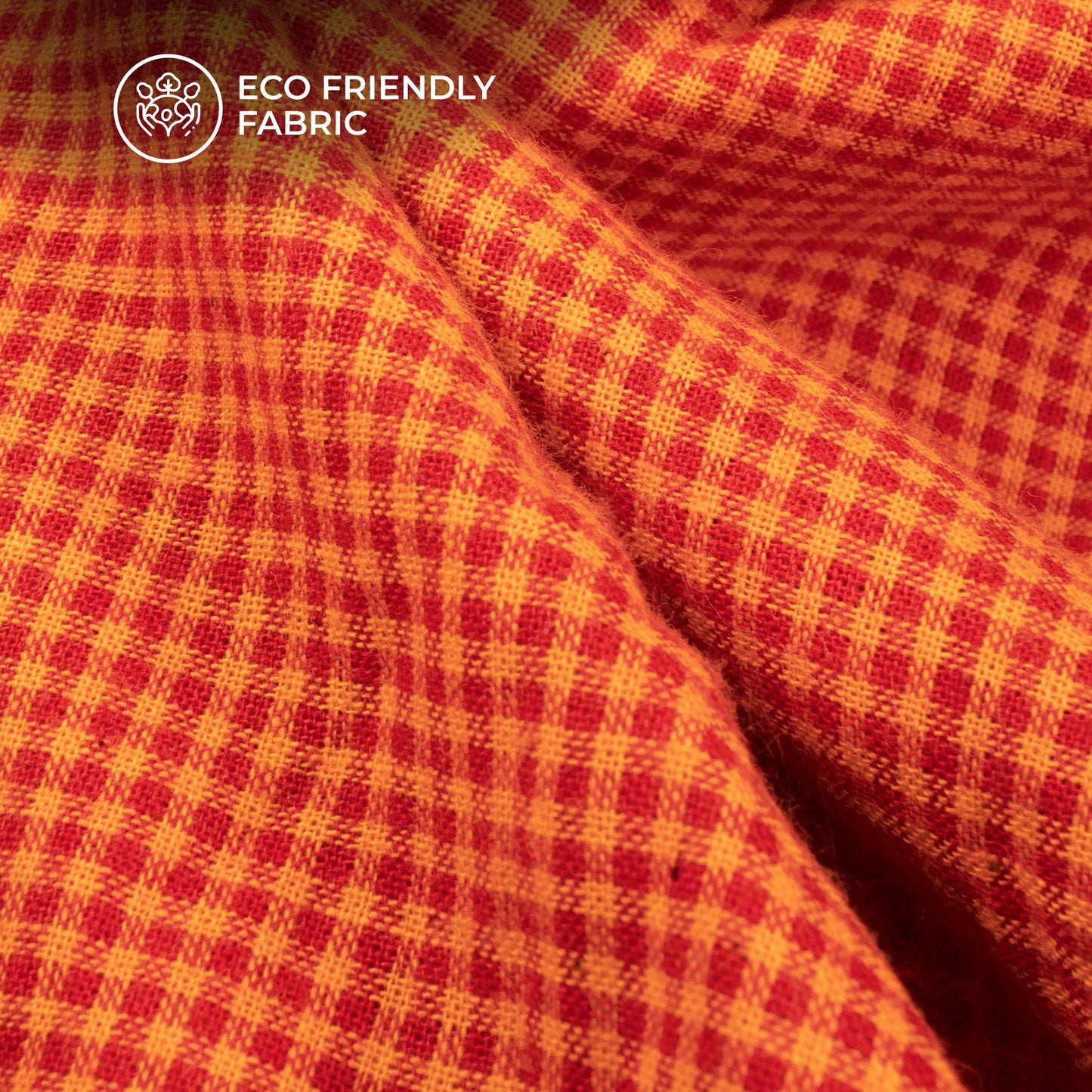 Orange Checked Pure Handloom Cotton Slub Fabric