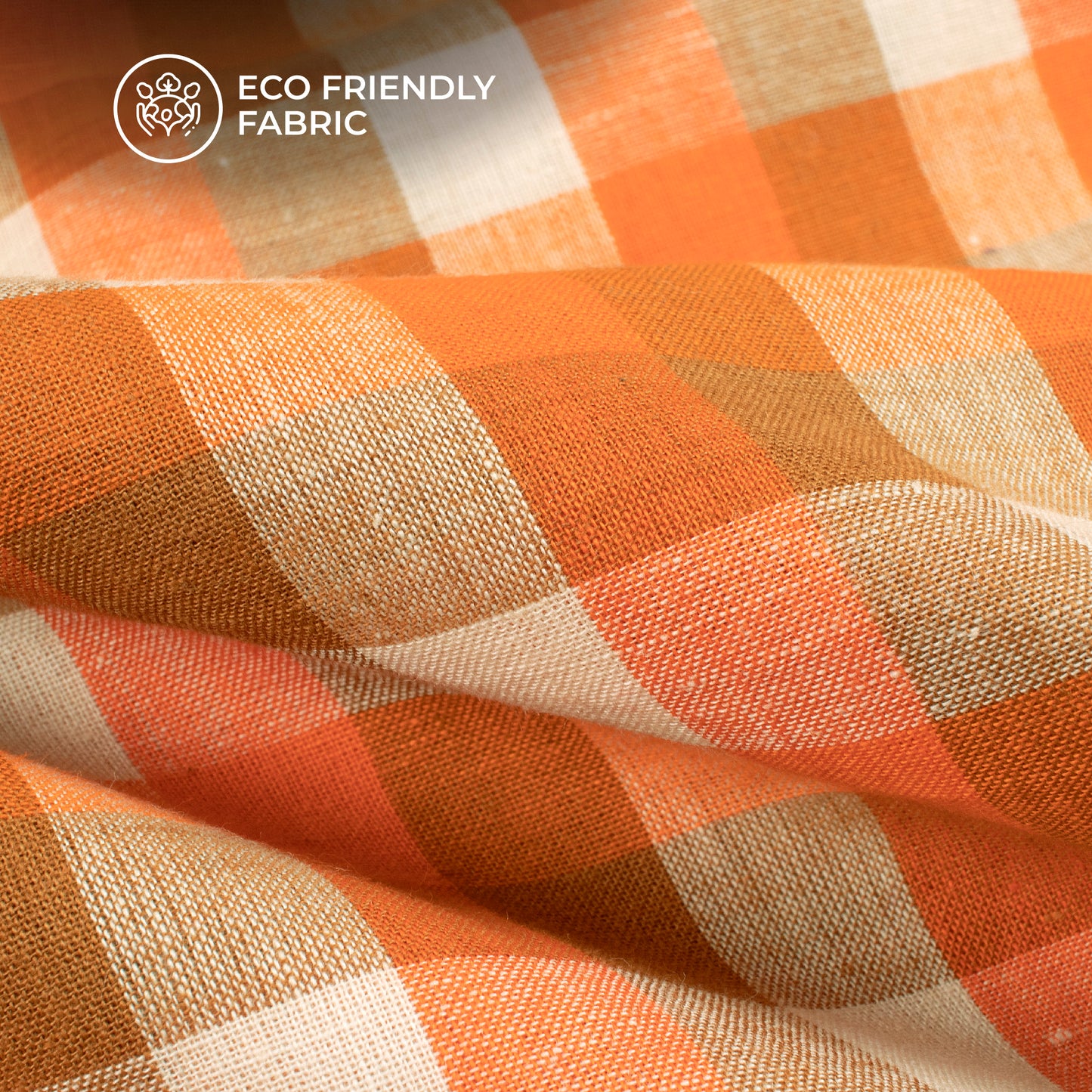 Orange And White Checked Handloom Cotton Fabric
