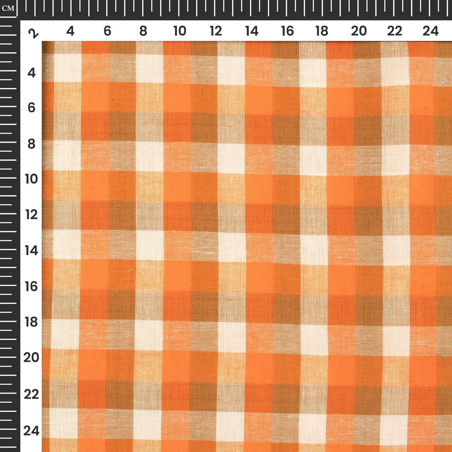 Orange And White Checked Handloom Cotton Fabric