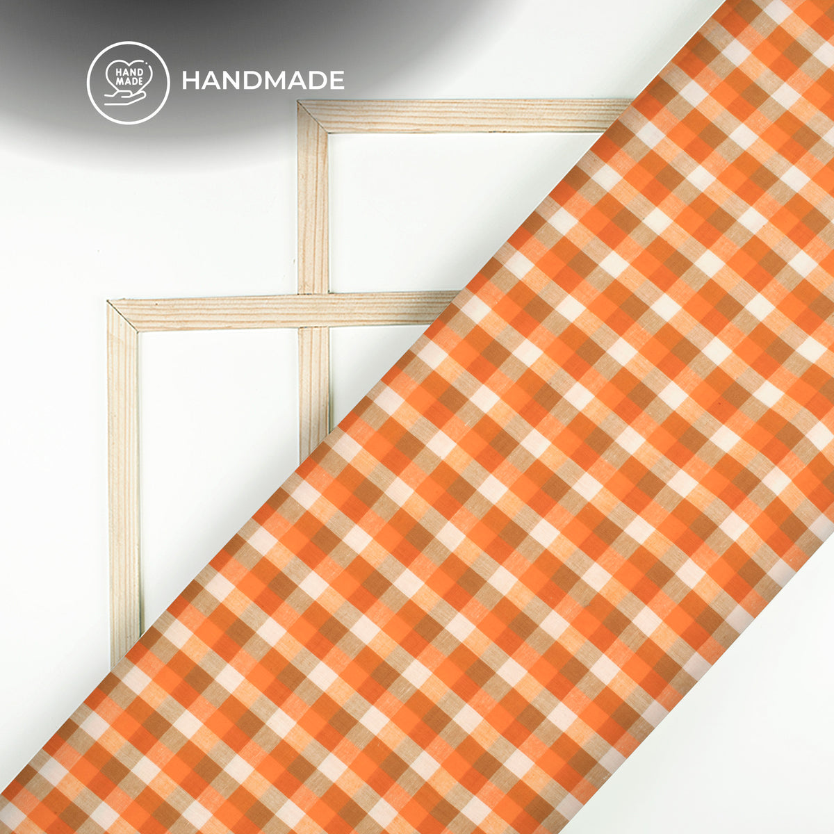 Orange And White Checked Handloom Cotton Fabric