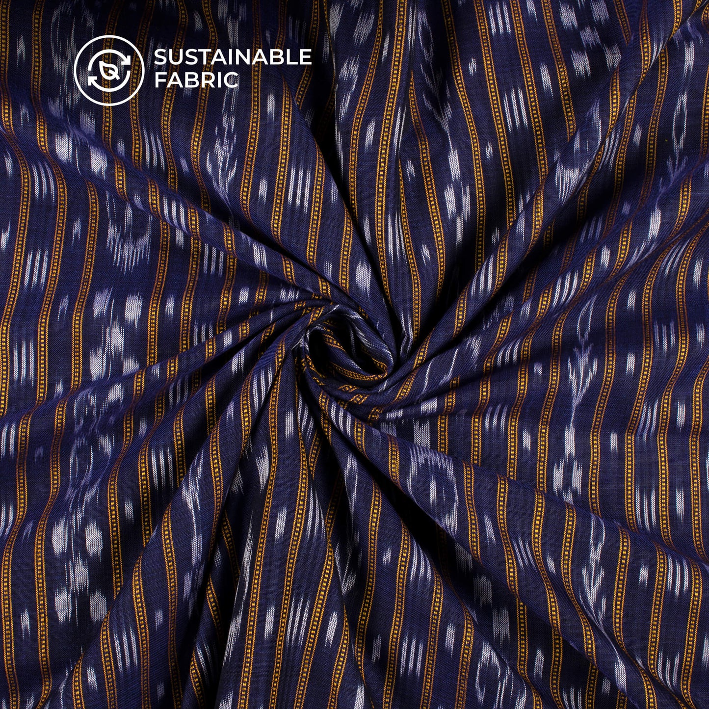 Navy Blue Stripes Pattern Pre-Washed Sambhalpuri Ikat Cotton Fabric