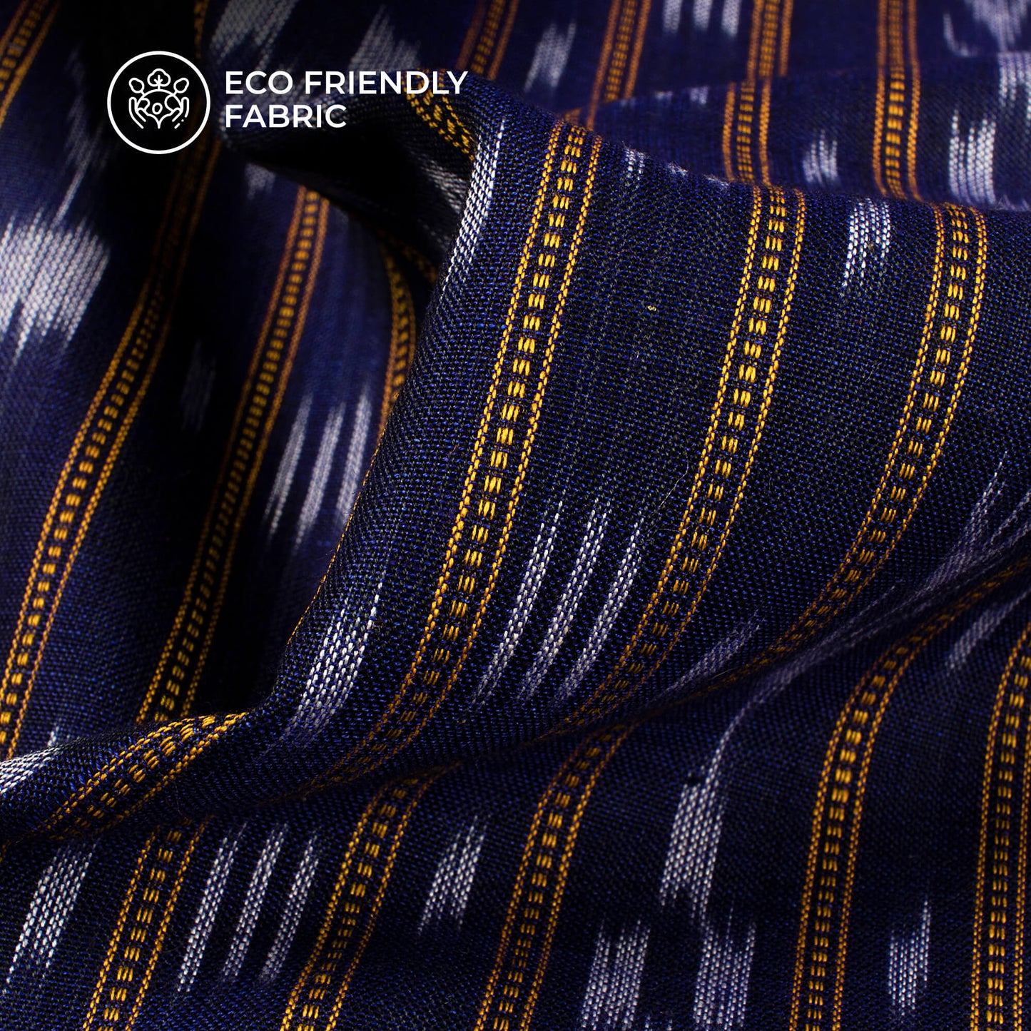 Navy Blue Stripes Pattern Pre-Washed Sambhalpuri Ikat Cotton Fabric