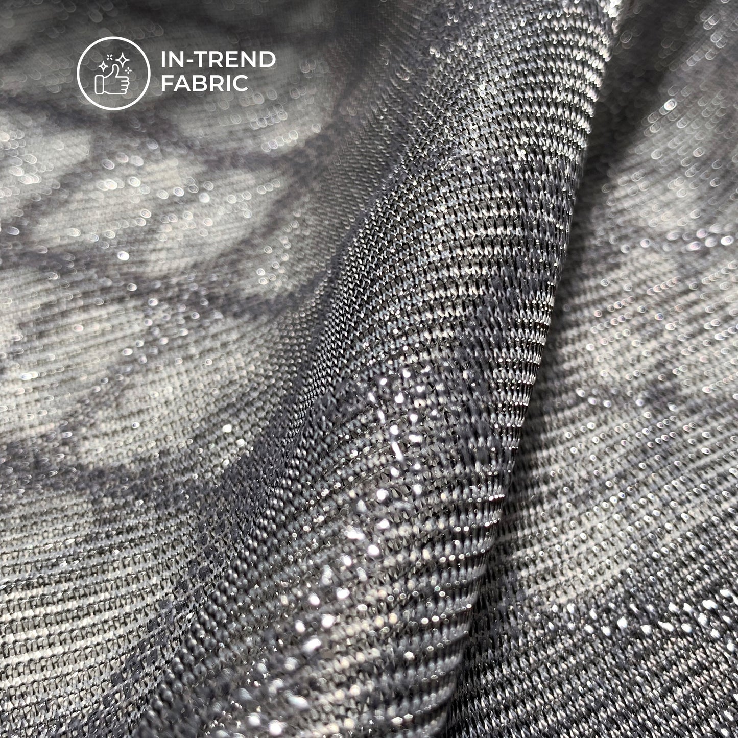Trendy Matt Grey Silver Geometric Foil Work On Imported Net Fabric