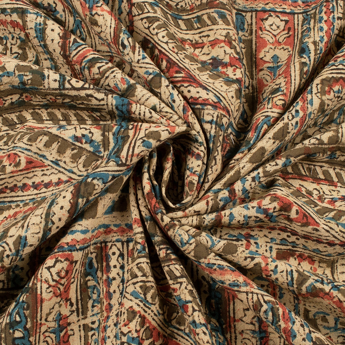 Dark Brown And Beige Traditional Pattern Kalamkari Cotton Fabric