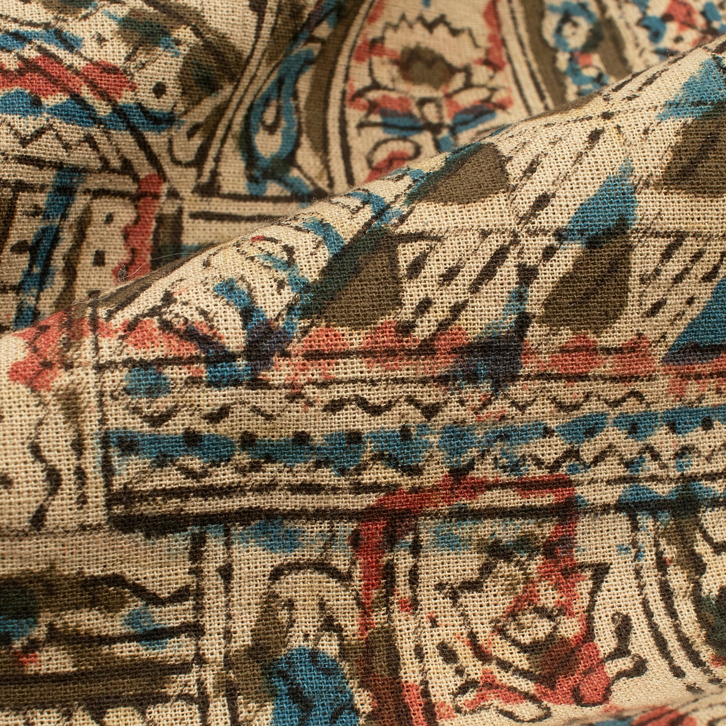 Dark Brown And Beige Traditional Pattern Kalamkari Cotton Fabric