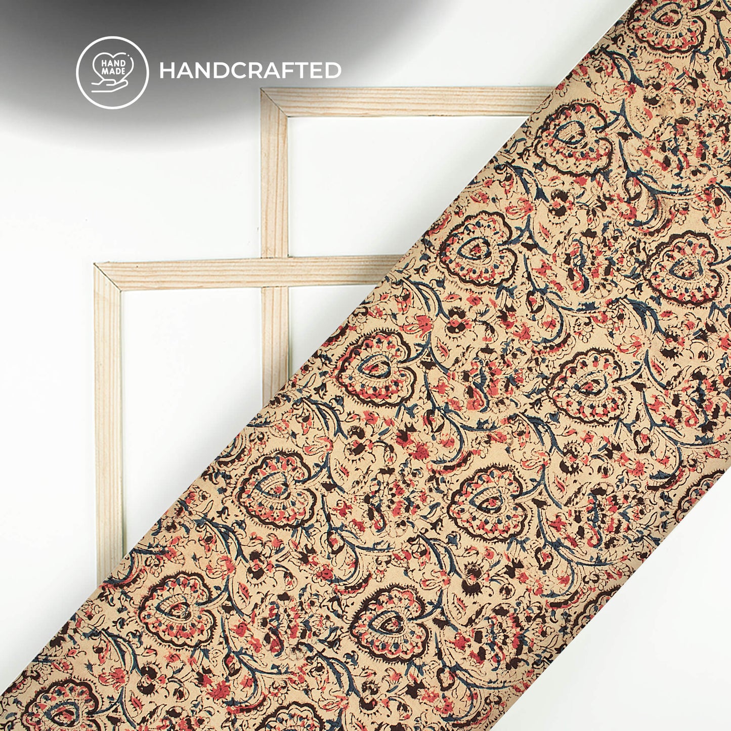 Sand Beige And Black Floral Kalamkari Cotton Fabric