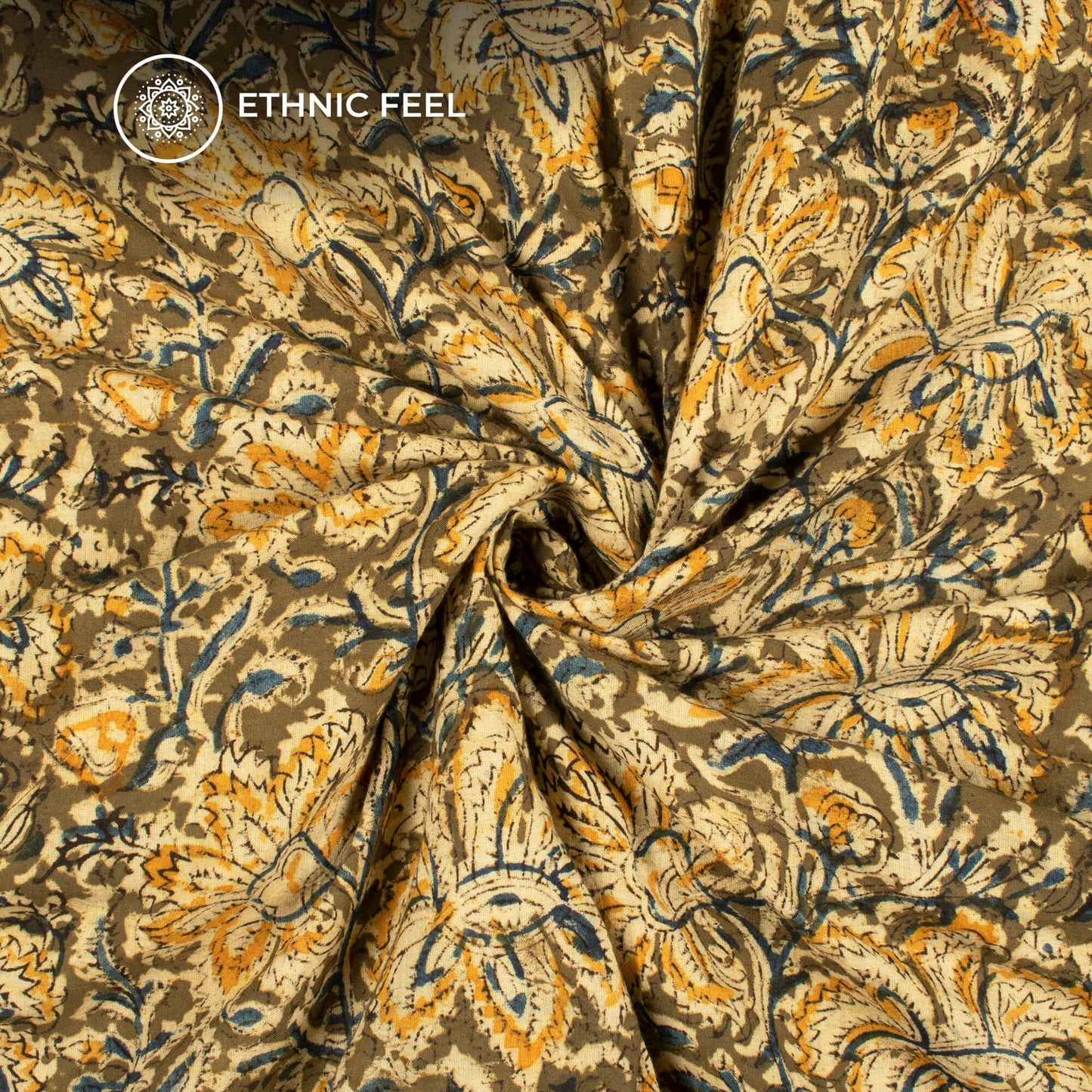 Army Green And Yellow Floral Kalamkari Cotton Fabric