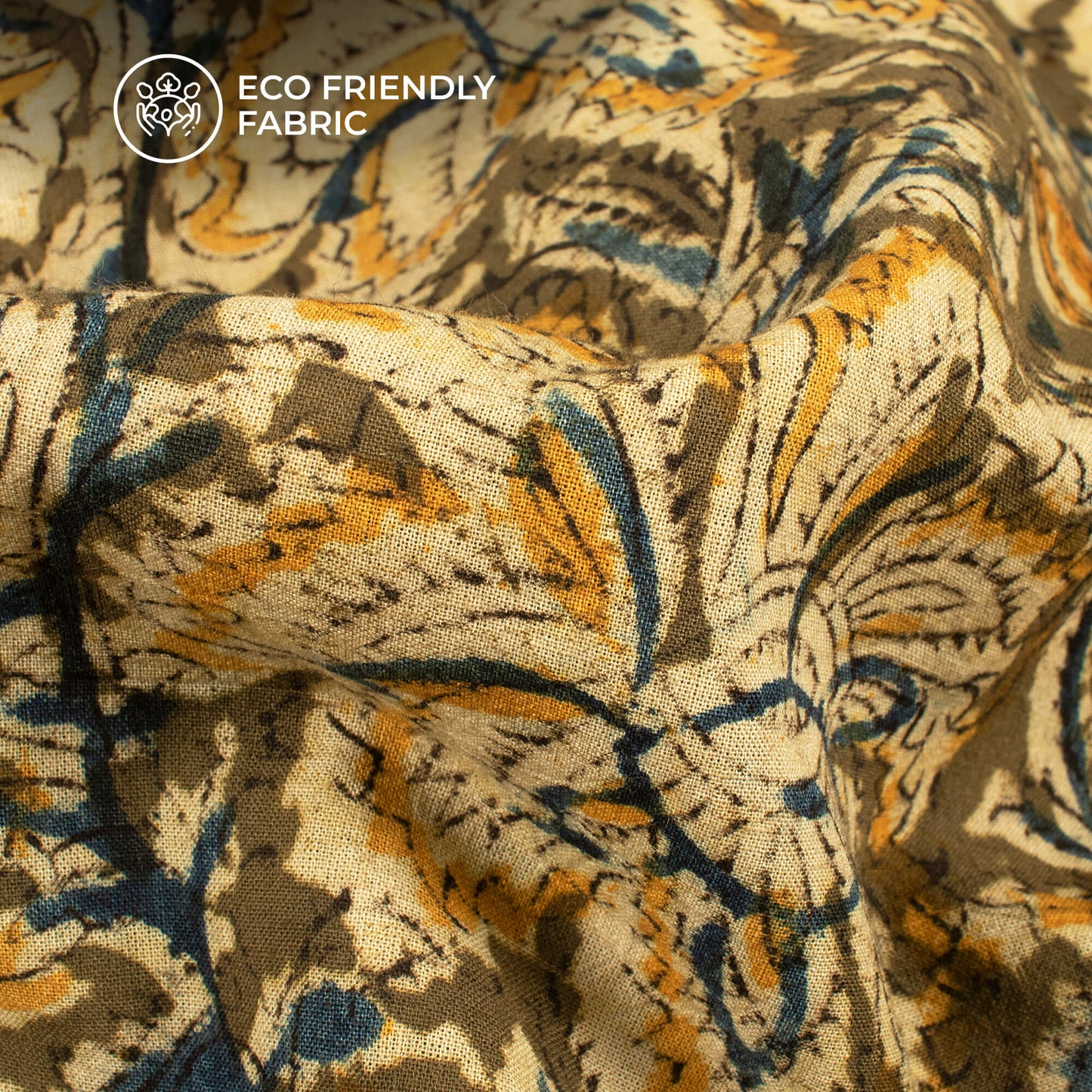 Army Green And Yellow Floral Kalamkari Cotton Fabric