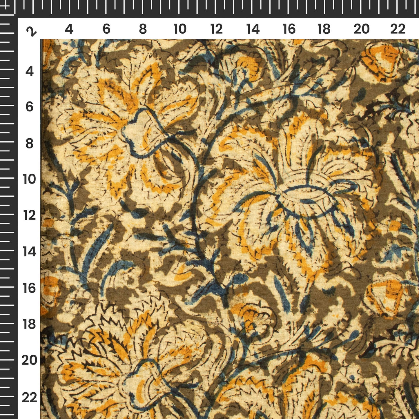 Army Green And Yellow Floral Kalamkari Cotton Fabric