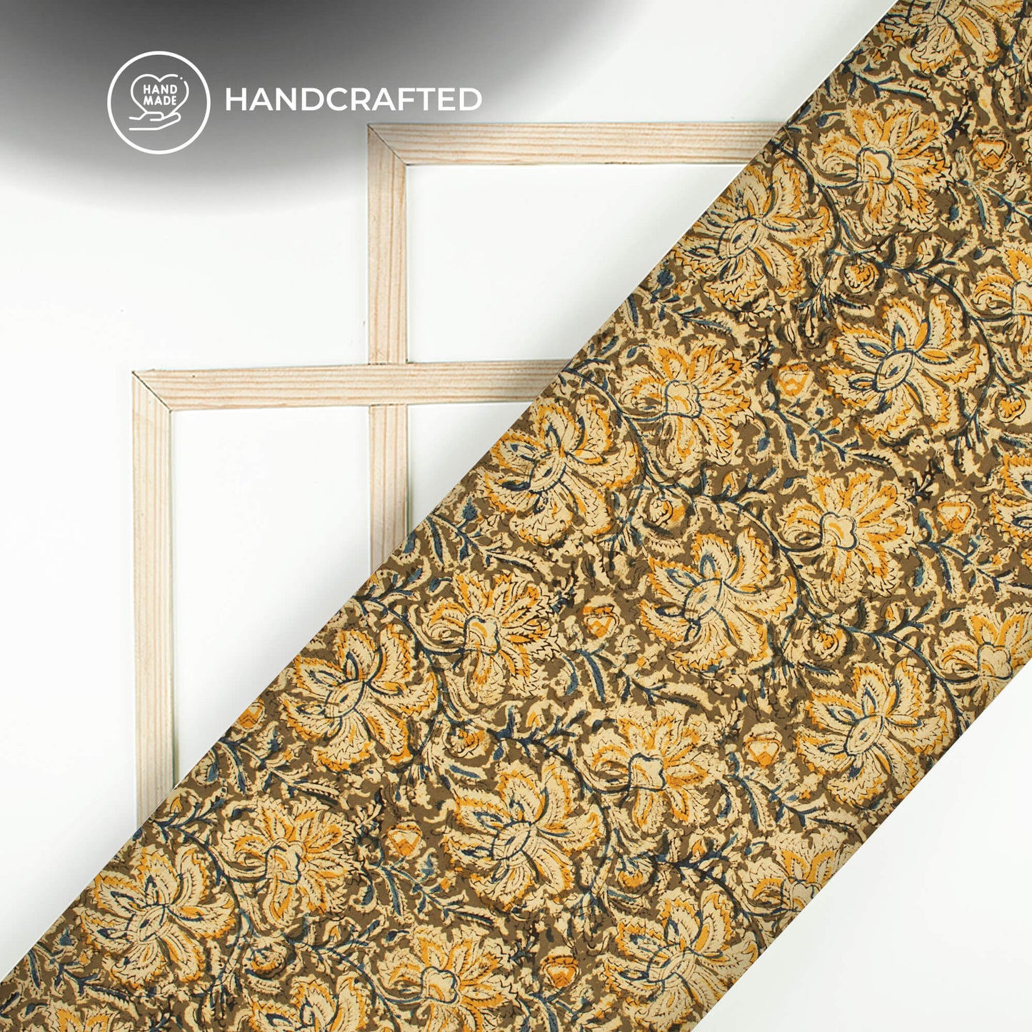 Army Green And Yellow Floral Kalamkari Cotton Fabric