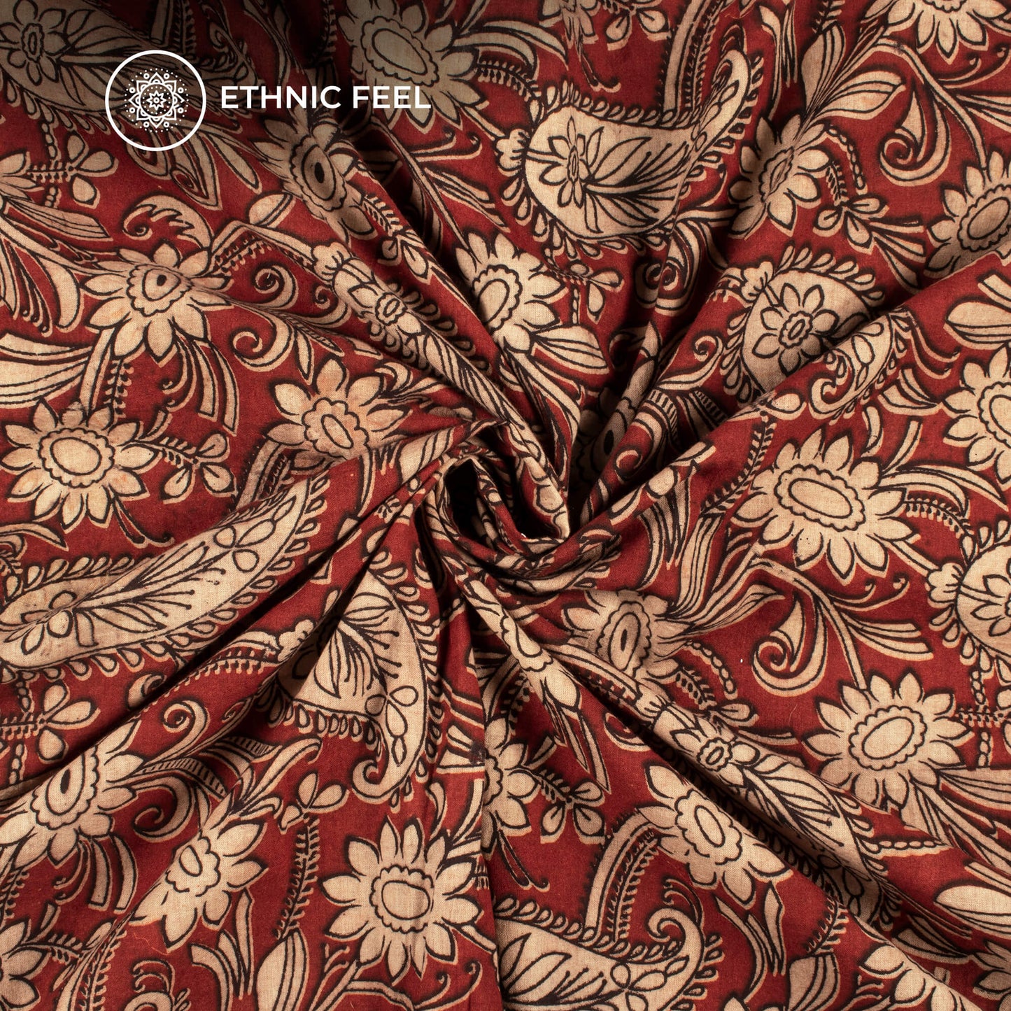 Sangria Red And Beige Floral Kalamkari Cotton Fabric