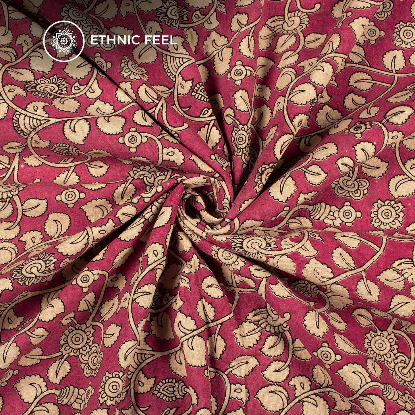 Red And Beige Floral Kalamkari Cotton Fabric