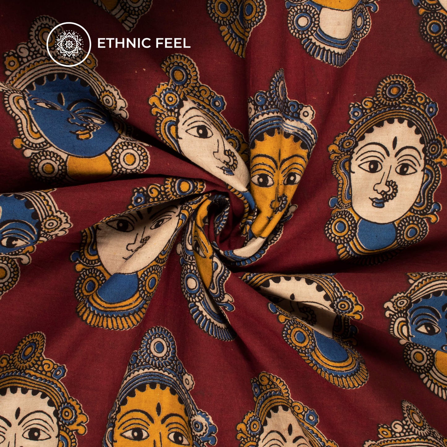 Sangria Red And Royal Blue Quirky Kalamkari Cotton Fabric