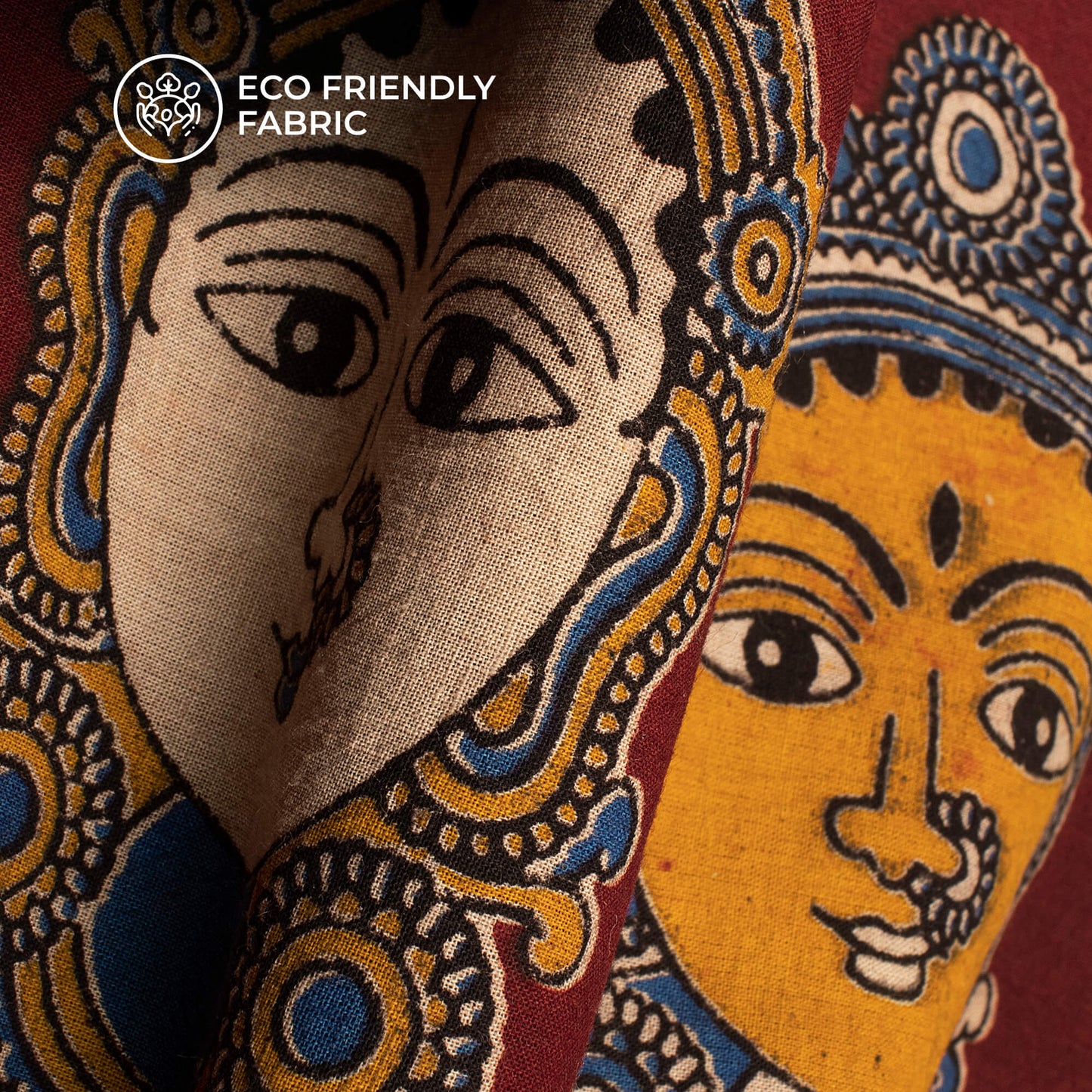 Sangria Red And Royal Blue Quirky Kalamkari Cotton Fabric