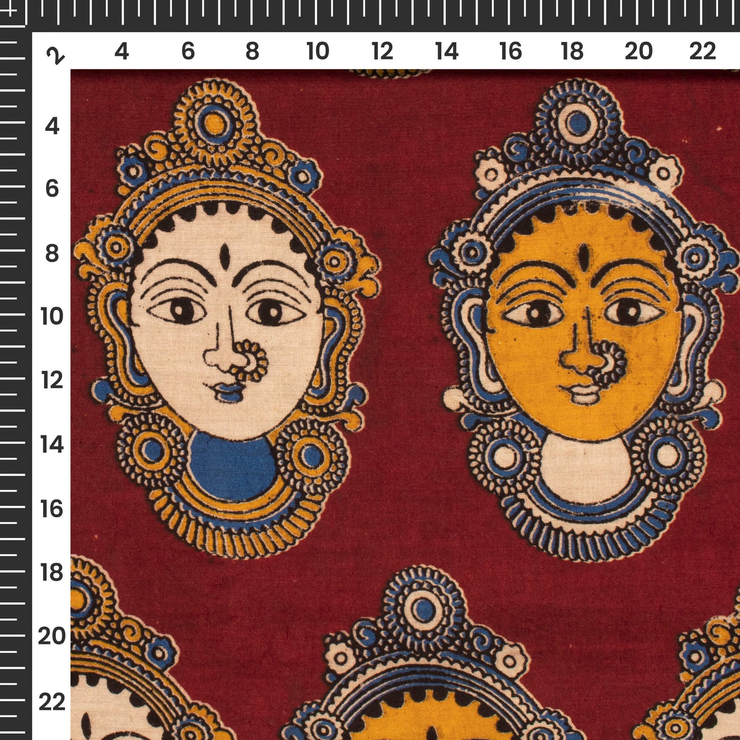 Sangria Red And Royal Blue Quirky Kalamkari Cotton Fabric