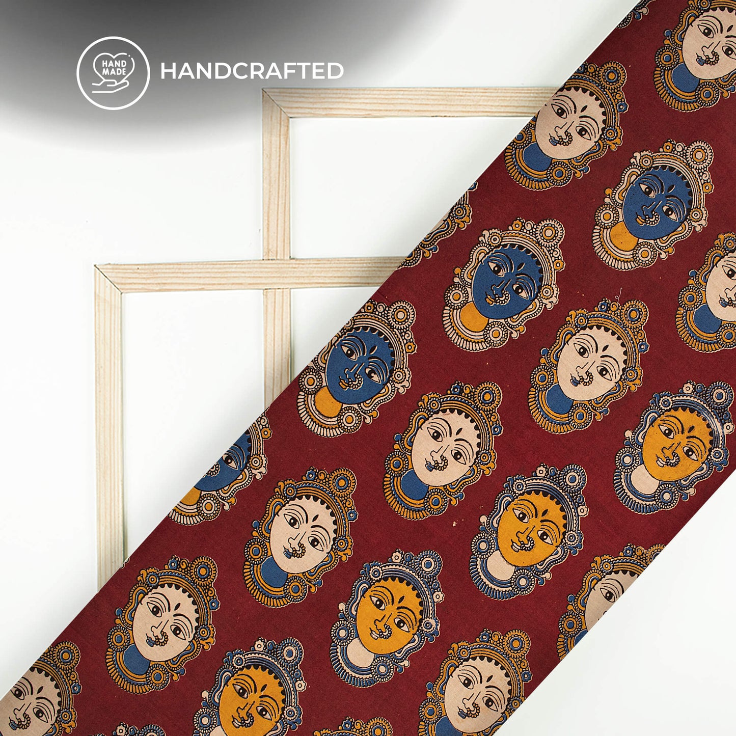 Sangria Red And Royal Blue Quirky Kalamkari Cotton Fabric