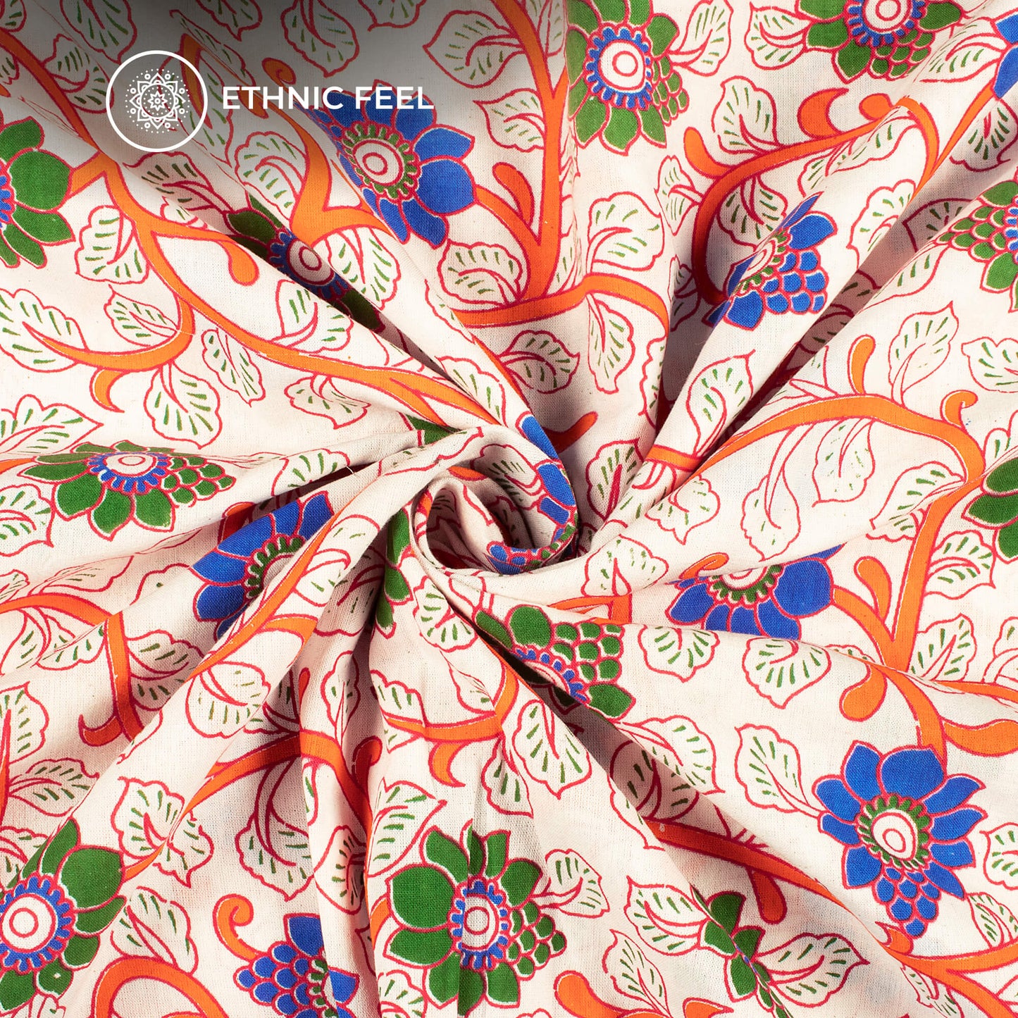 White And Vivid Orange Floral Kalamkari Cotton Fabric