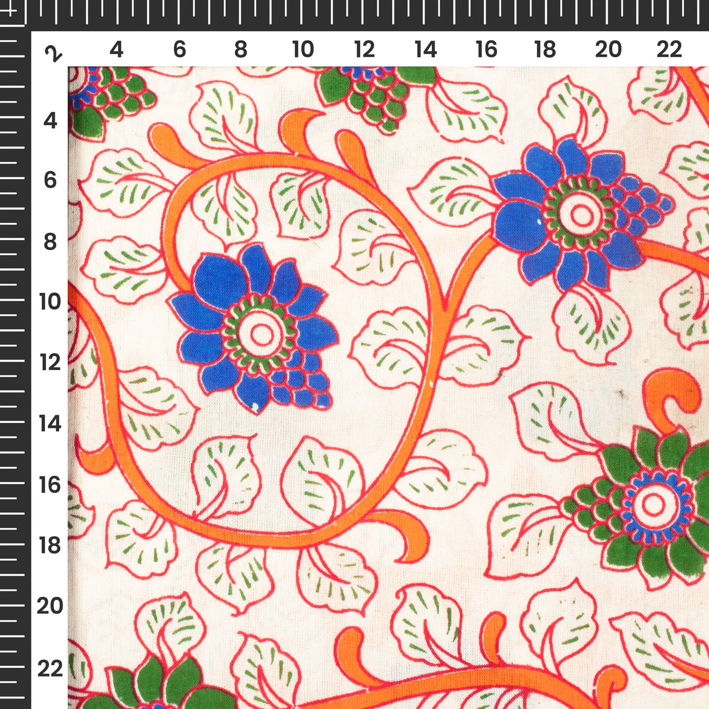 White And Vivid Orange Floral Kalamkari Cotton Fabric