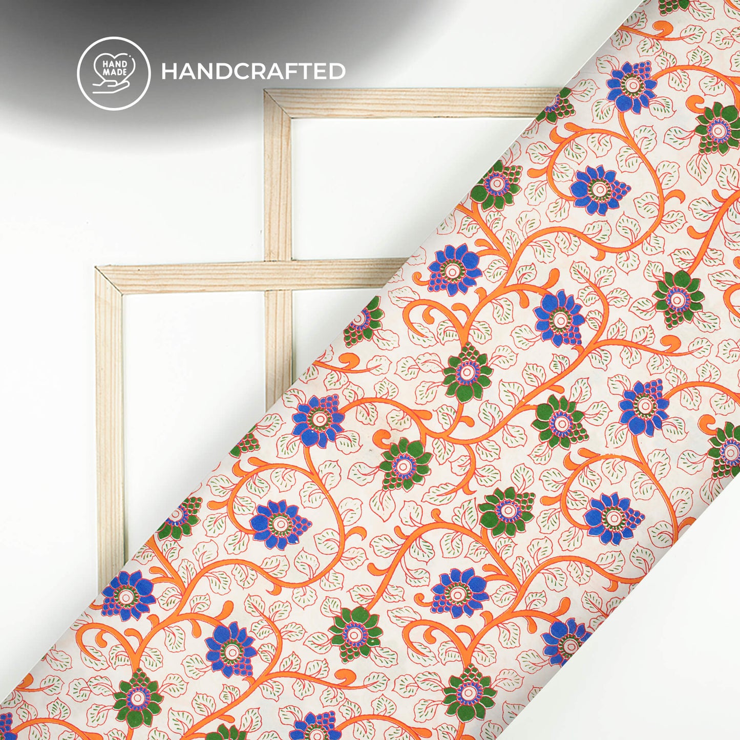 White And Vivid Orange Floral Kalamkari Cotton Fabric