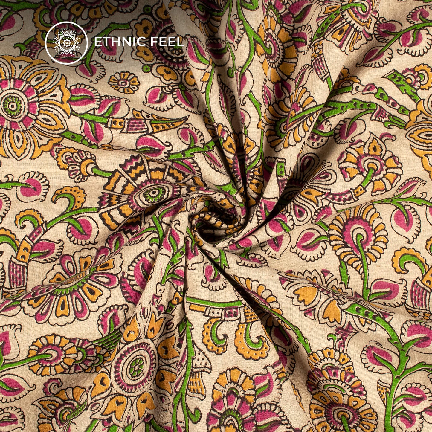 Beige And Green Floral Kalamkari Cotton Fabric