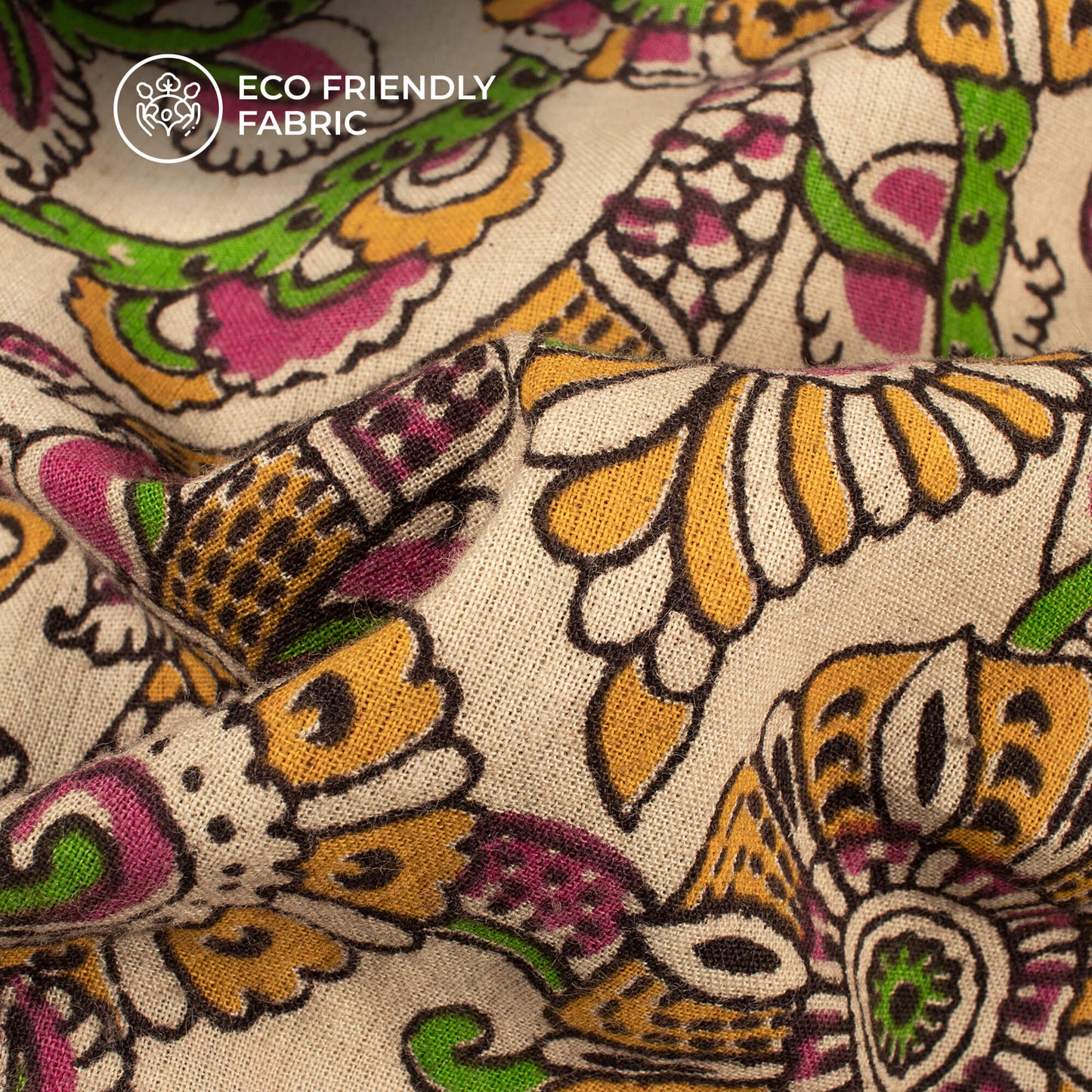 Beige And Green Floral Kalamkari Cotton Fabric