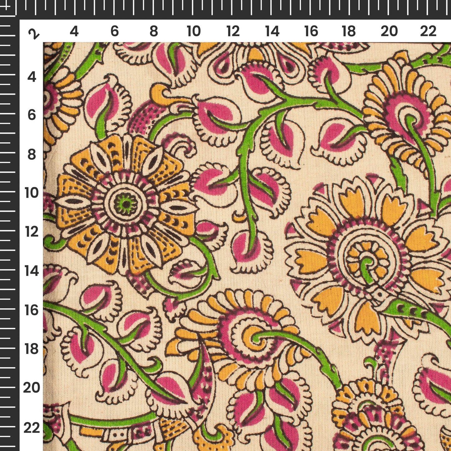 Beige And Green Floral Kalamkari Cotton Fabric