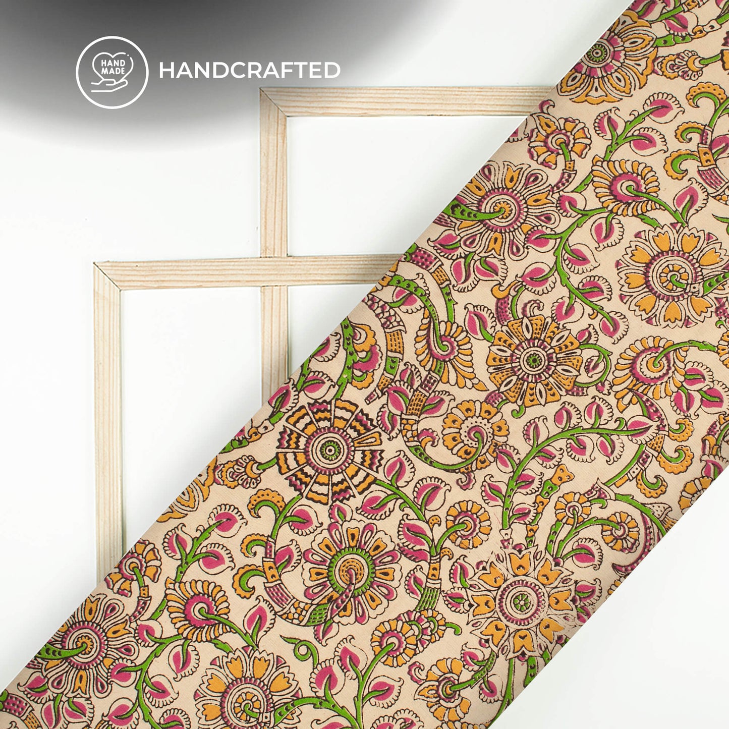 Beige And Green Floral Kalamkari Cotton Fabric