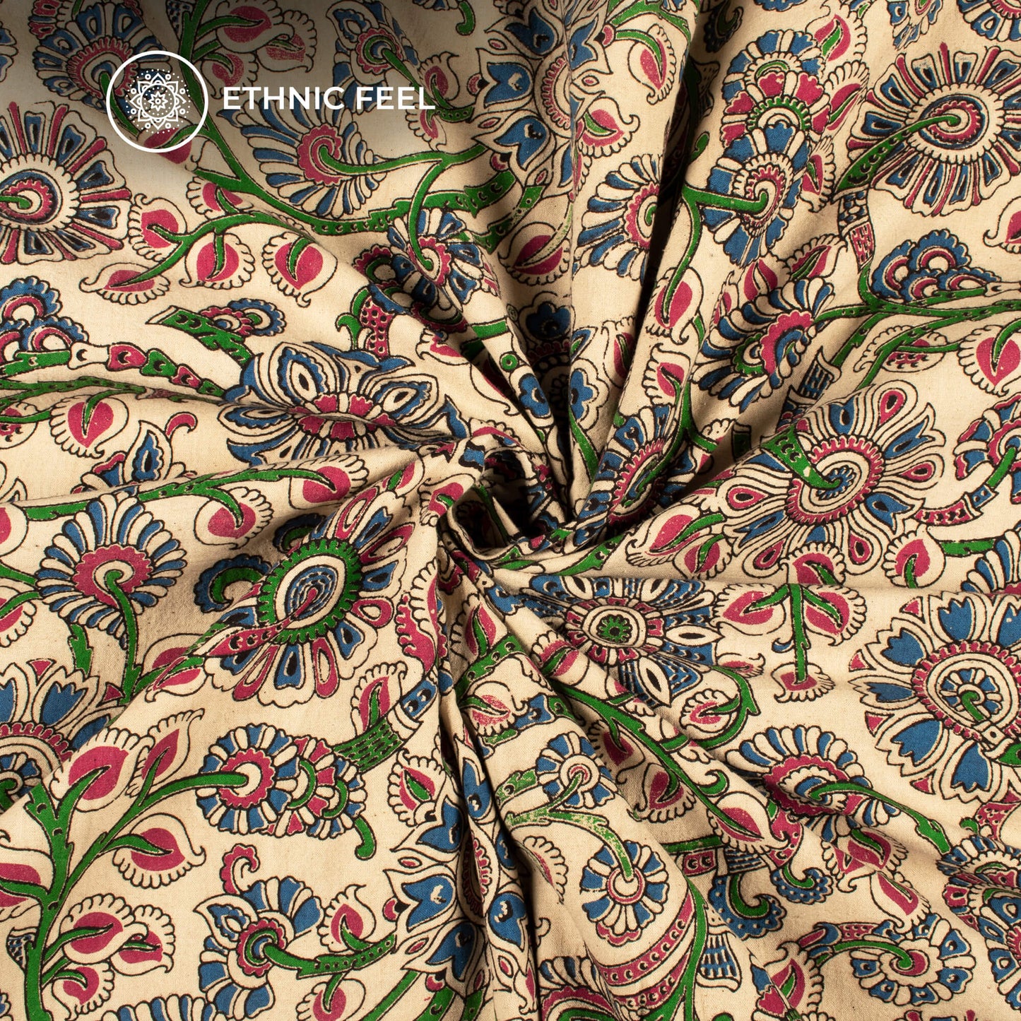 Beige And Royal Blue Floral Kalamkari Cotton Fabric