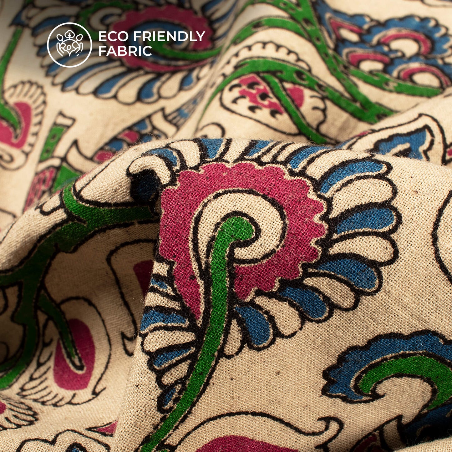 Beige And Royal Blue Floral Kalamkari Cotton Fabric