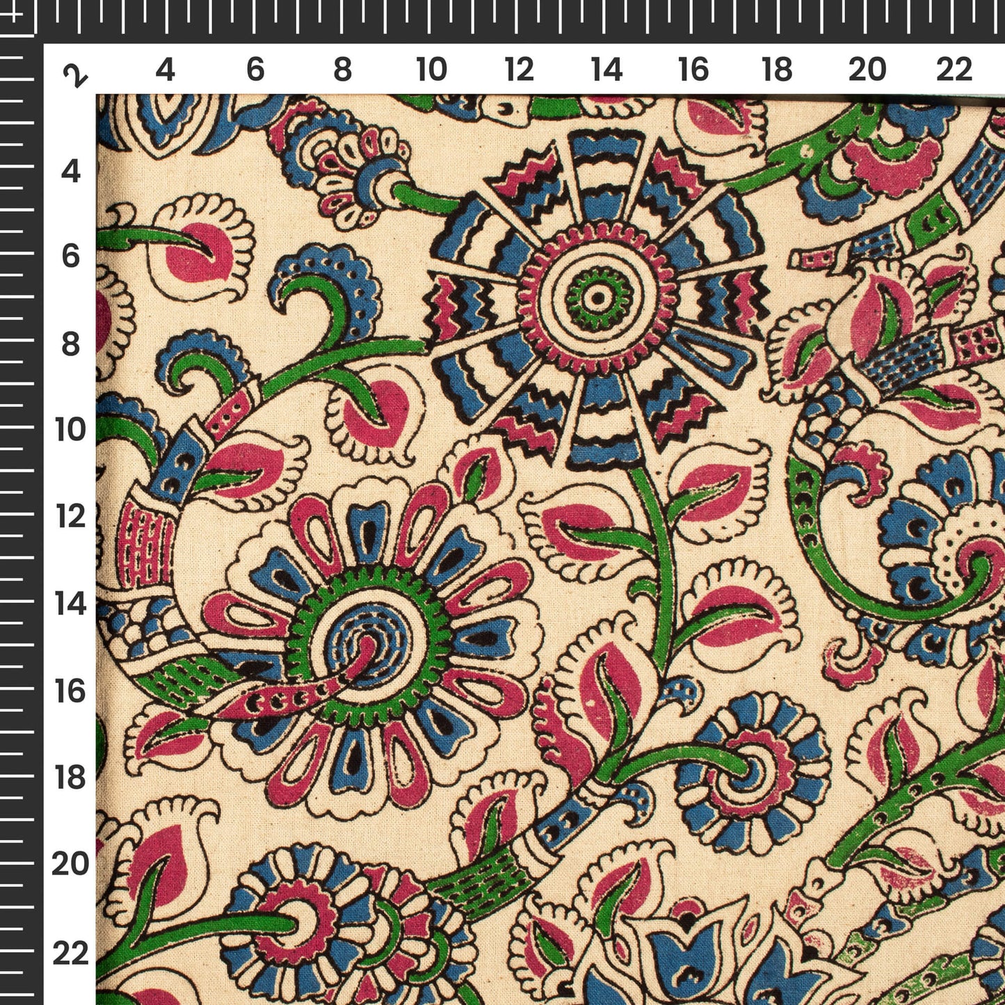 Beige And Royal Blue Floral Kalamkari Cotton Fabric
