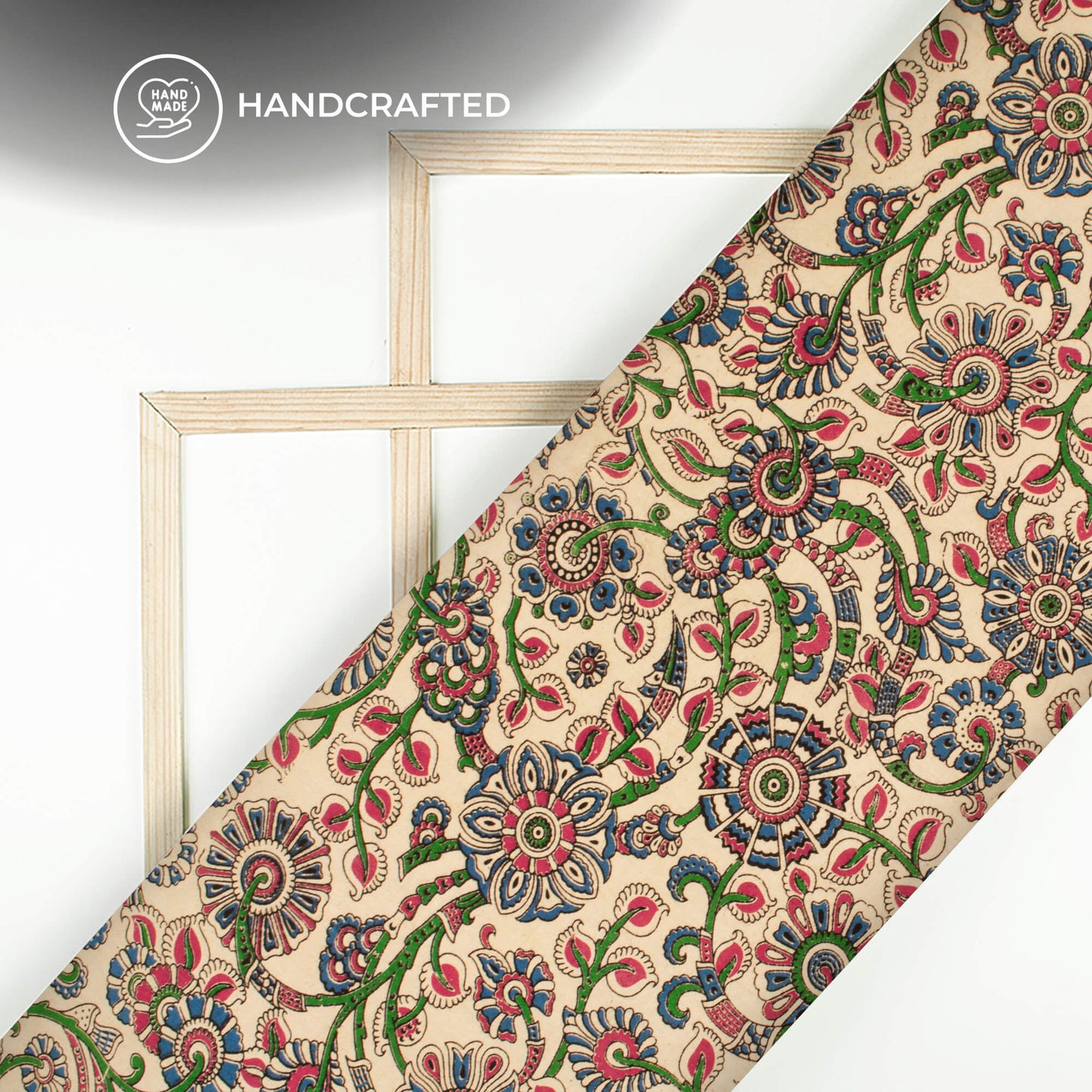 Beige And Royal Blue Floral Kalamkari Cotton Fabric