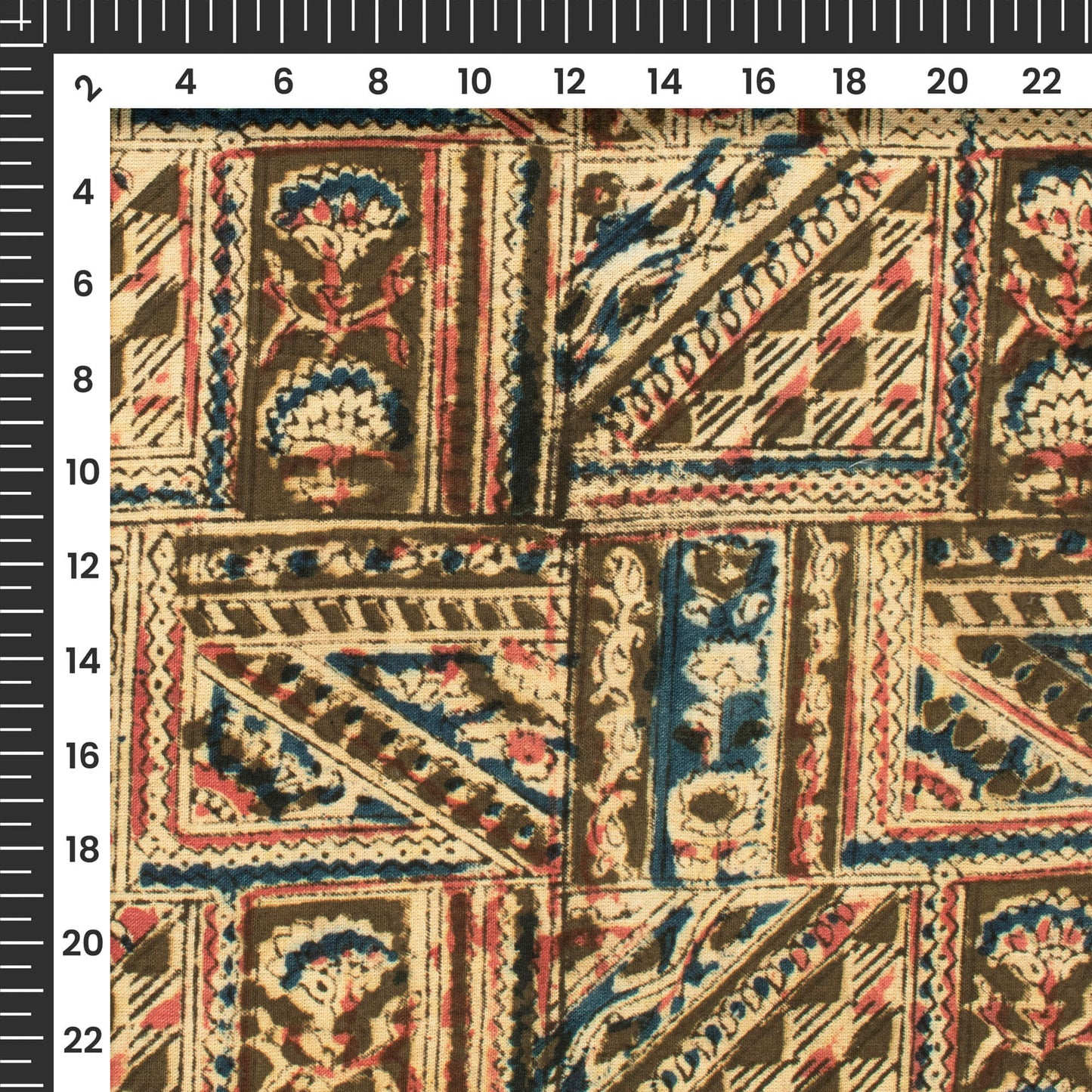 Moss Green And Red Traditional Kalamkari Cotton Fabric