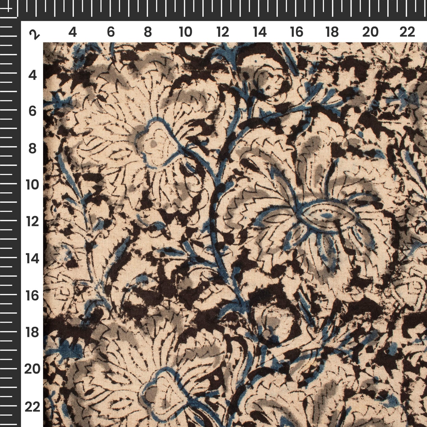 Black And Beige Floral Kalamkari Cotton Fabric