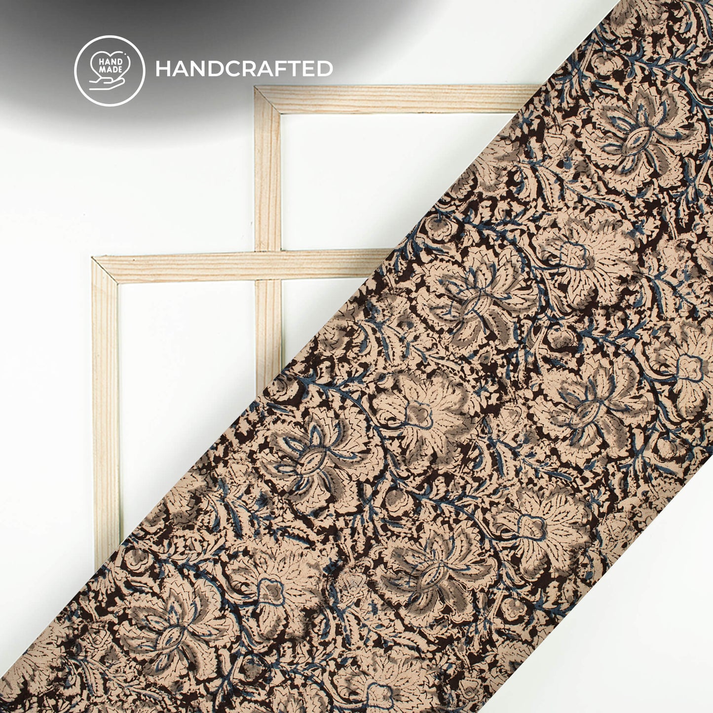 Black And Beige Floral Kalamkari Cotton Fabric