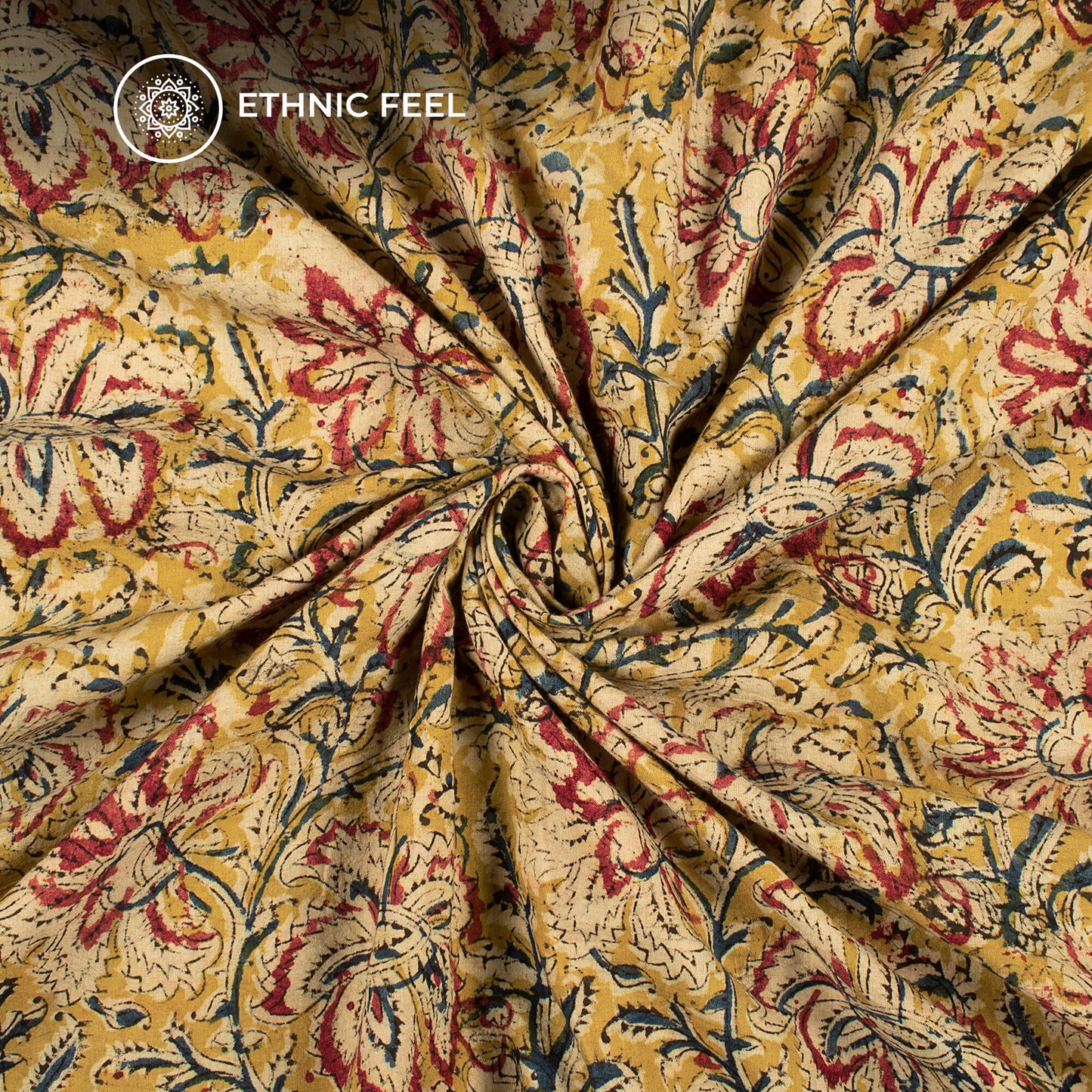 Corn Yellow And Red Floral Kalamkari Cotton Fabric
