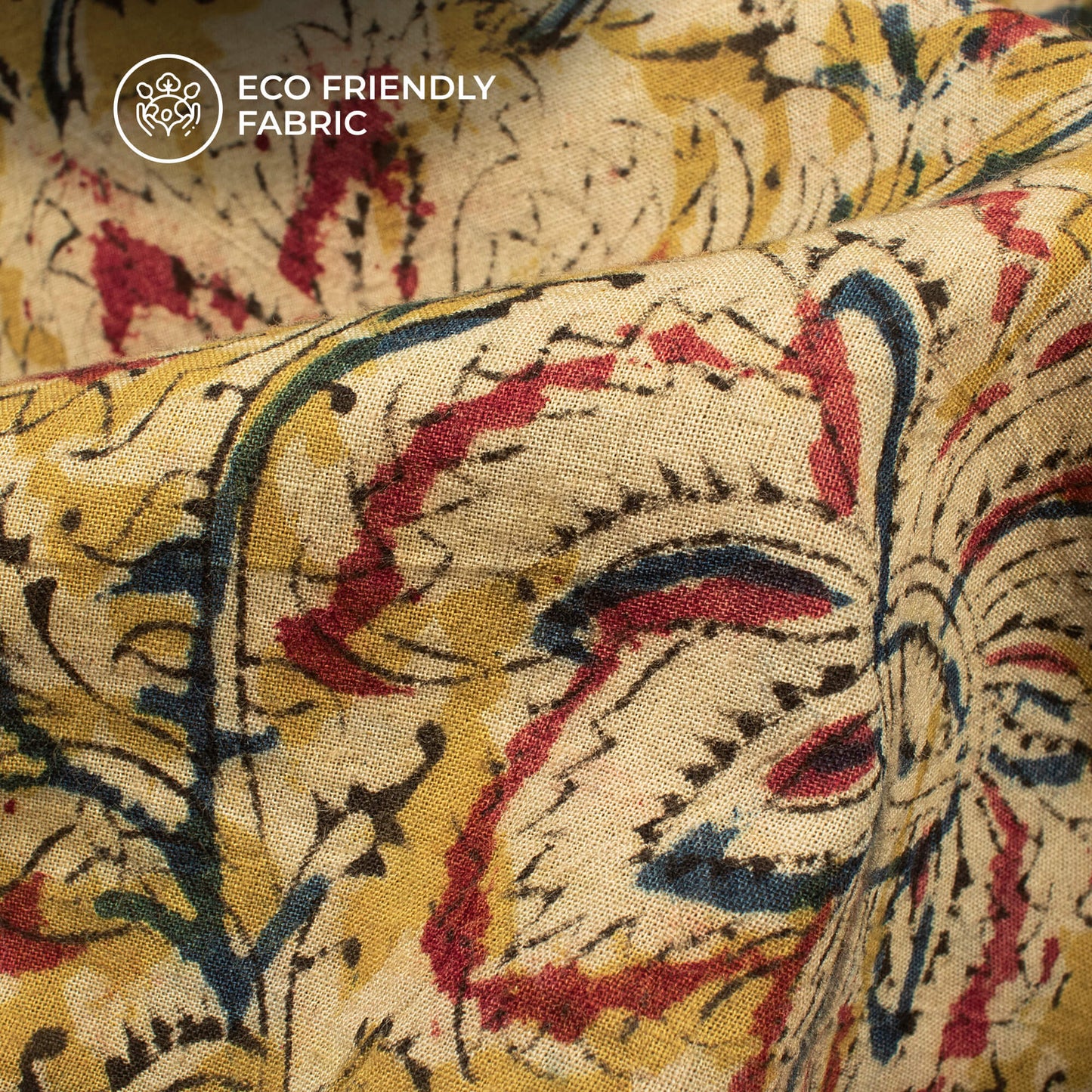 Corn Yellow And Red Floral Kalamkari Cotton Fabric