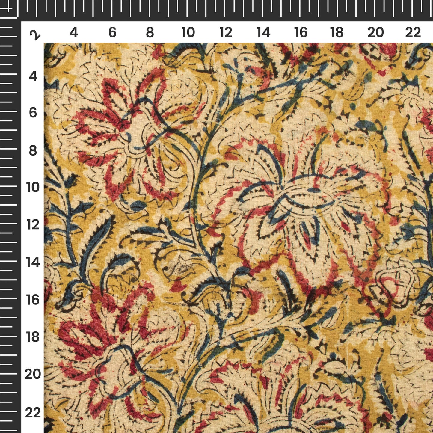 Corn Yellow And Red Floral Kalamkari Cotton Fabric