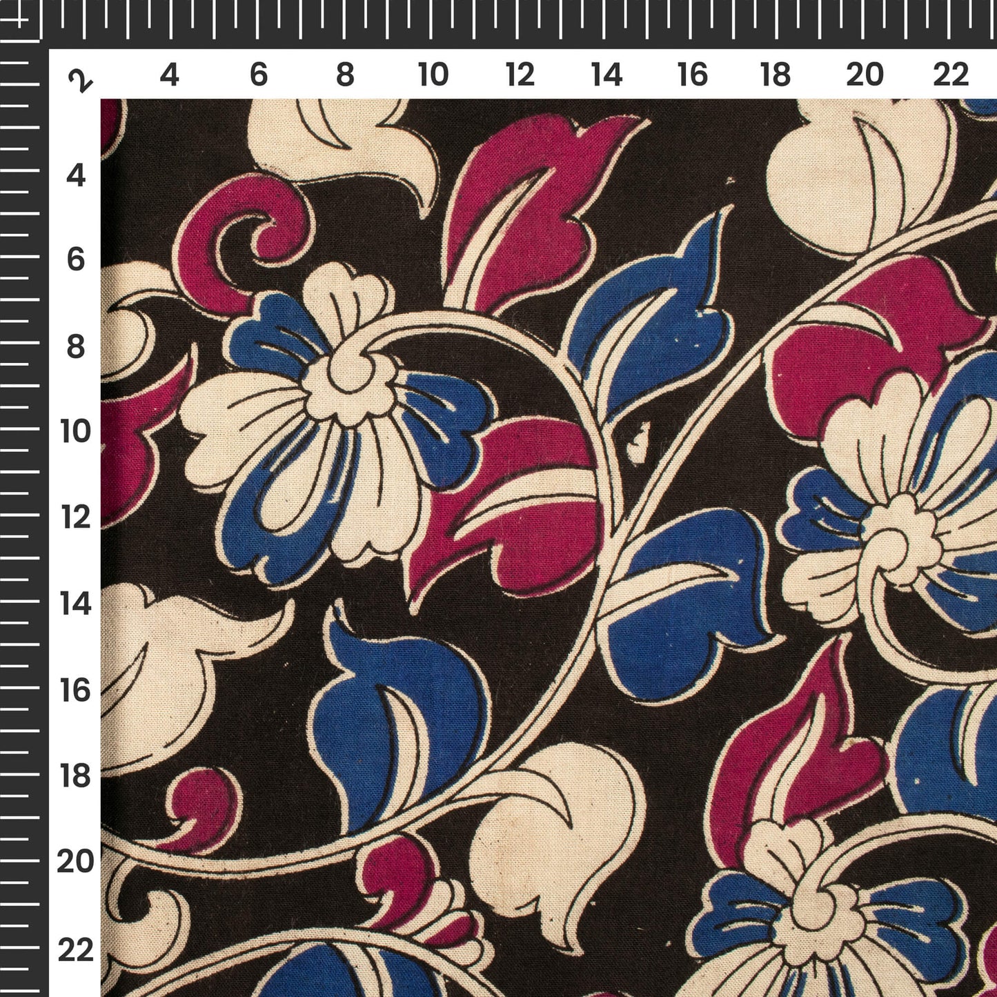 Black And Violet Floral Kalamkari Cotton Silk Fabric