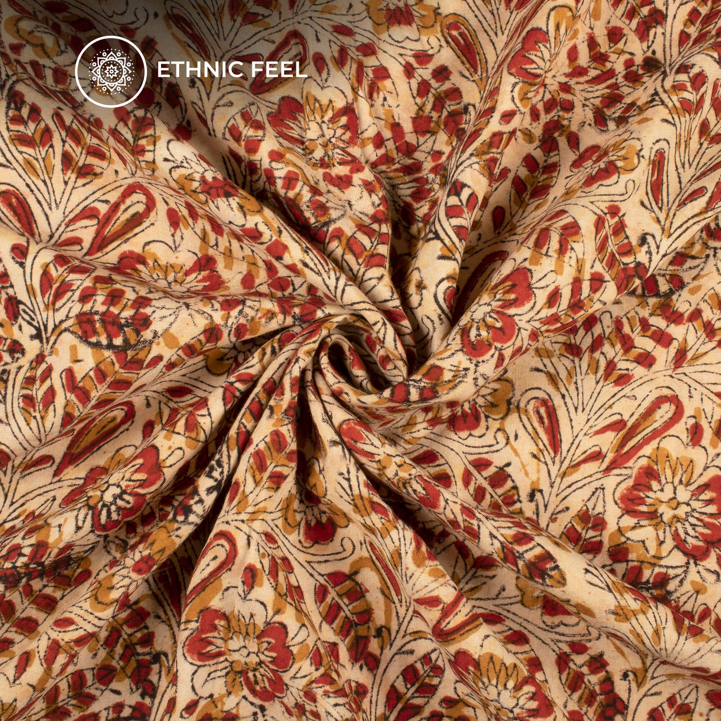 Beige And Red Leaf Kalamkari Cotton Silk Fabric