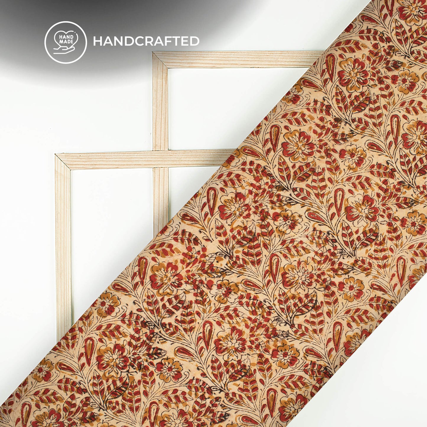 Beige And Red Leaf Kalamkari Cotton Silk Fabric
