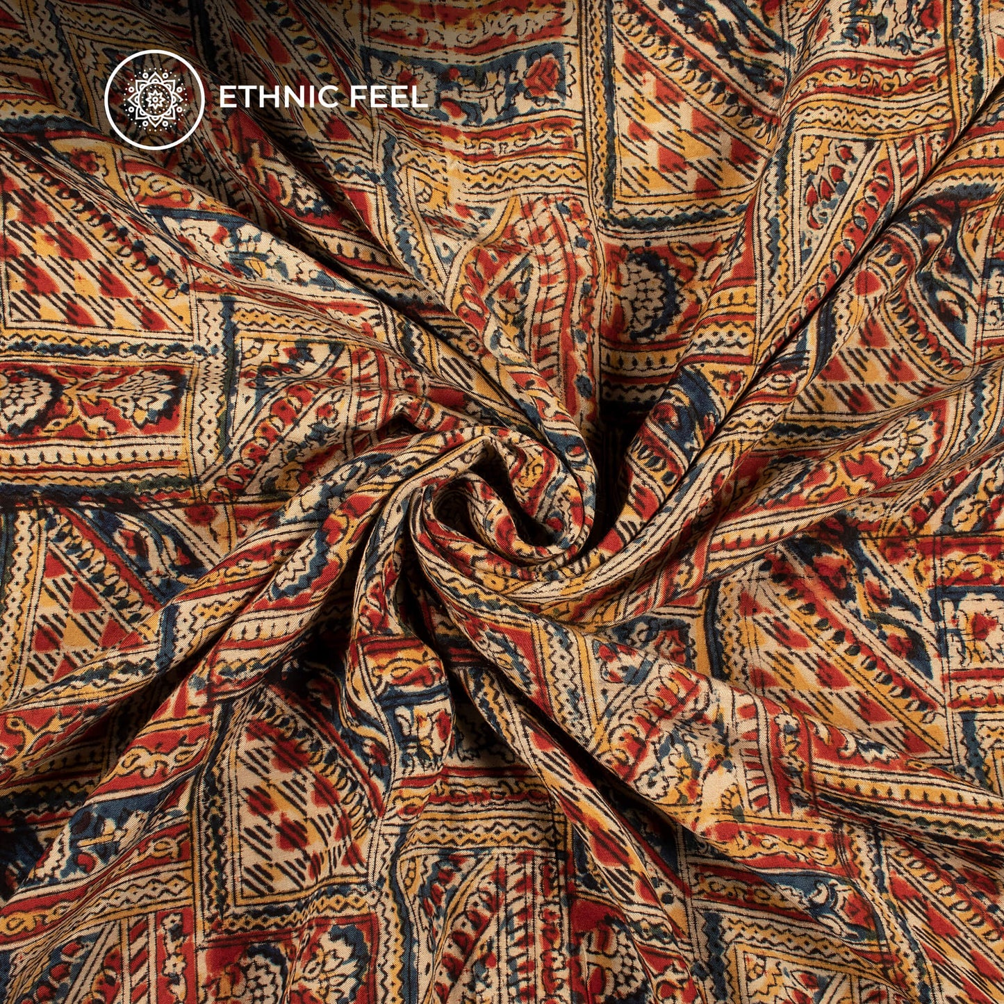 Red And Beige Traditonal Kalamkari Cotton Silk Fabric