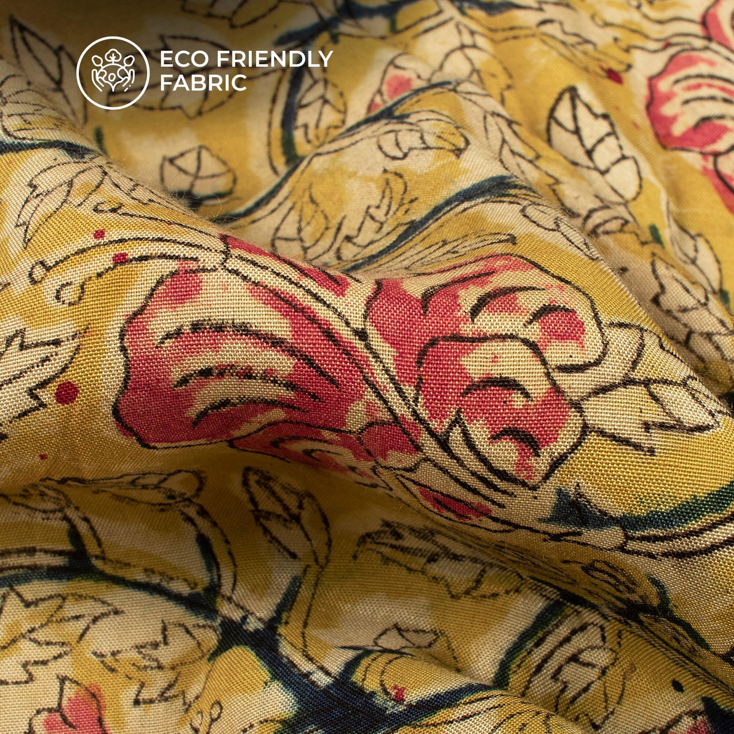 Corn Yellow And Red Floral Kalamkari Cotton Silk Fabric